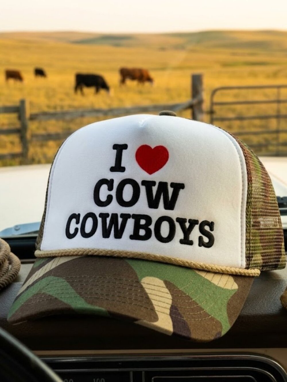 I Heart Cowboys Hat Woodland Camo Foam Rope Snapback Trucker Cap New USA Retro